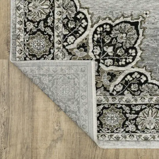 8' Gray And Black Medallion Runner Rug With Fringe Photo 9