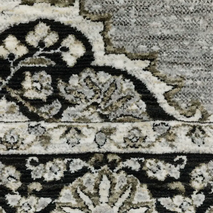 8' Gray And Black Medallion Runner Rug With Fringe Photo 7