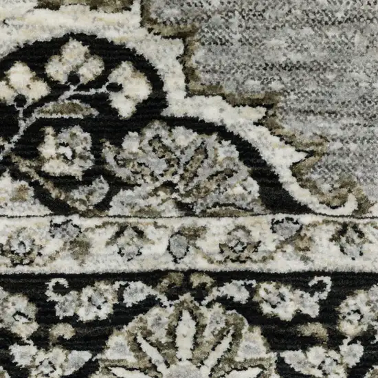 8' Gray And Black Medallion Runner Rug With Fringe Photo 7