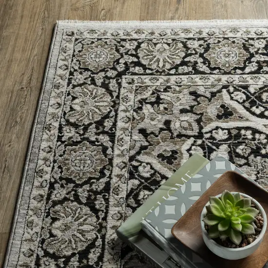 8' Gray And Black Medallion Runner Rug With Fringe Photo 8