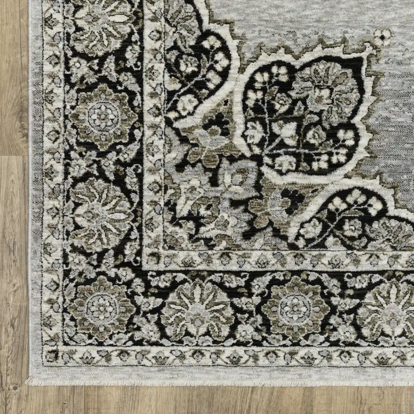 8' Gray And Black Medallion Runner Rug With Fringe Photo 6