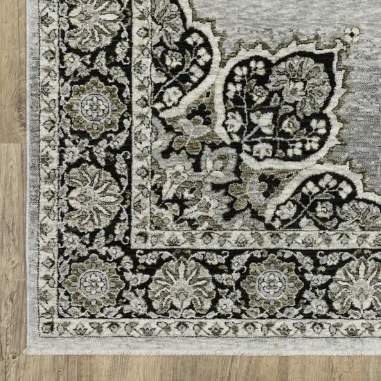 8' Gray And Black Medallion Runner Rug With Fringe Photo 6