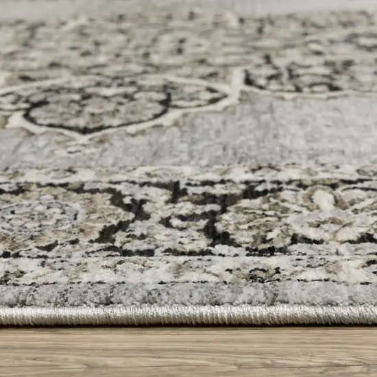 8' Gray And Black Medallion Runner Rug With Fringe Photo 5