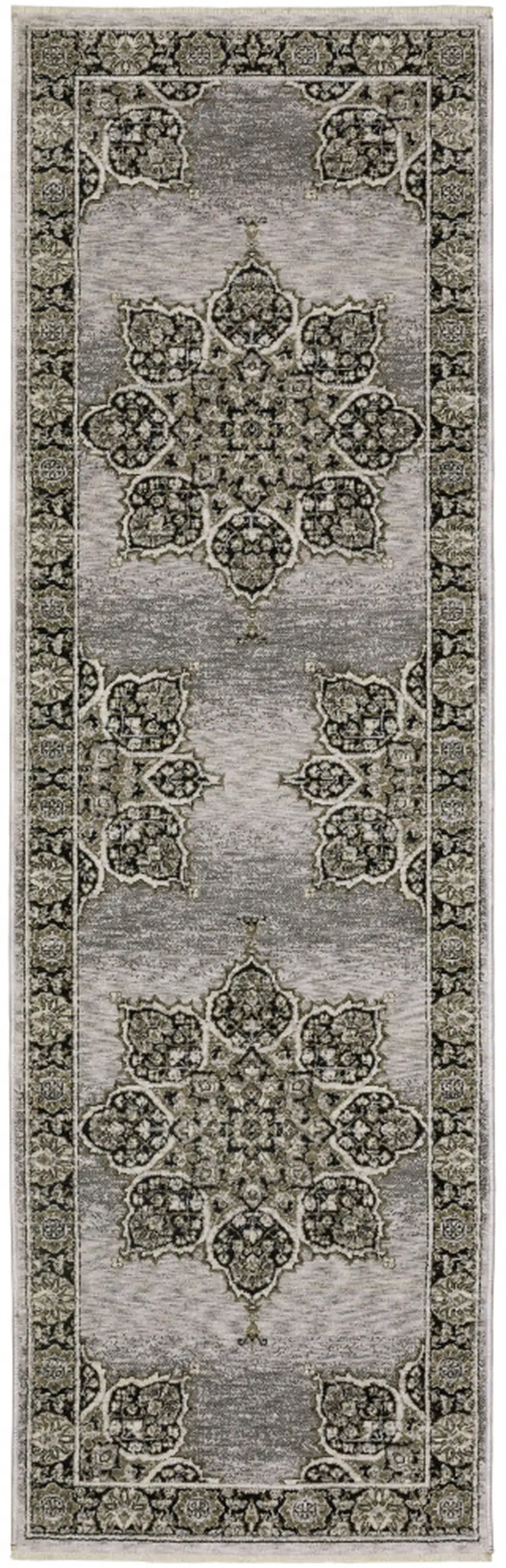 8' Gray And Black Medallion Runner Rug With Fringe Photo 2