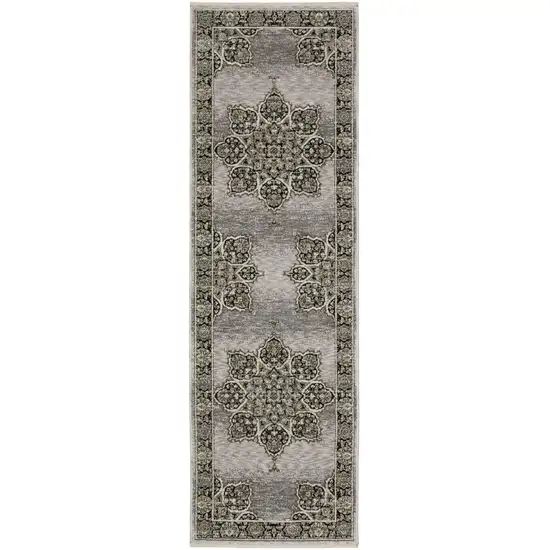 8' Gray And Black Medallion Runner Rug With Fringe Photo 2