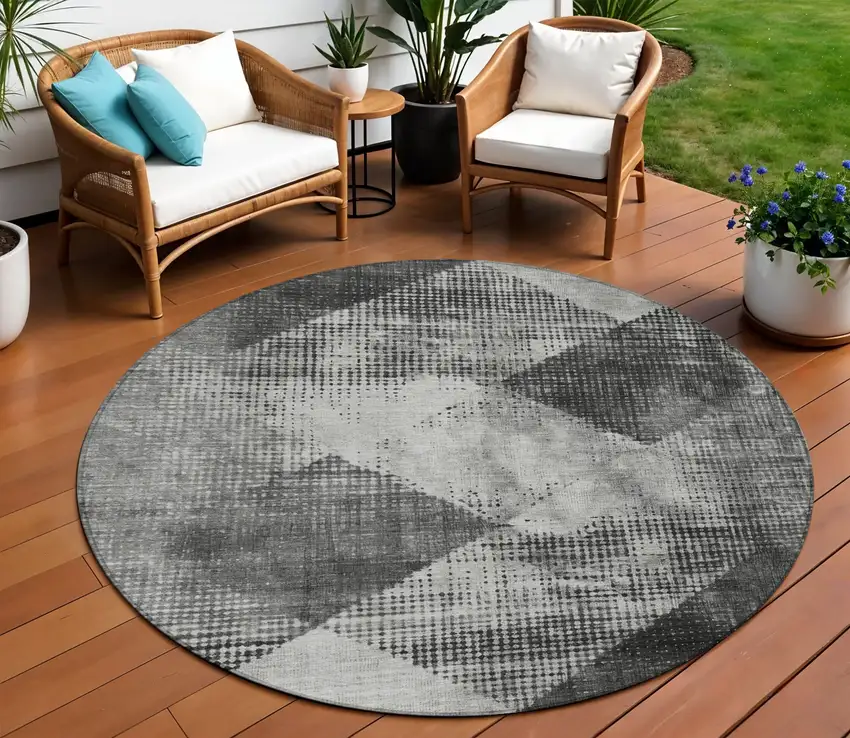 8' Gray And Black Round Geometric Washable Indoor Outdoor Area Rug Photo 2