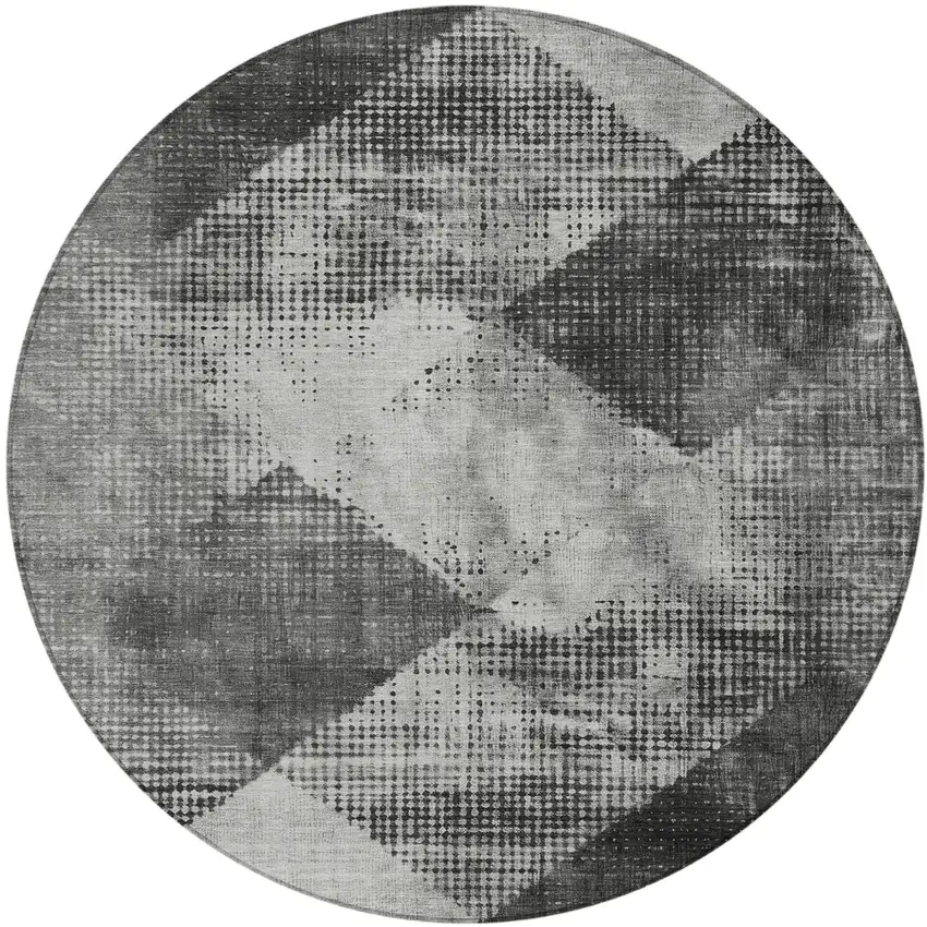 8' Gray And Black Round Geometric Washable Indoor Outdoor Area Rug Photo 3