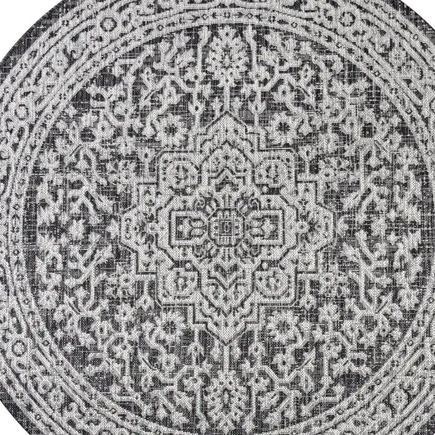 6' Gray And Black Round Medallion Indoor Outdoor Area Rug Photo 2