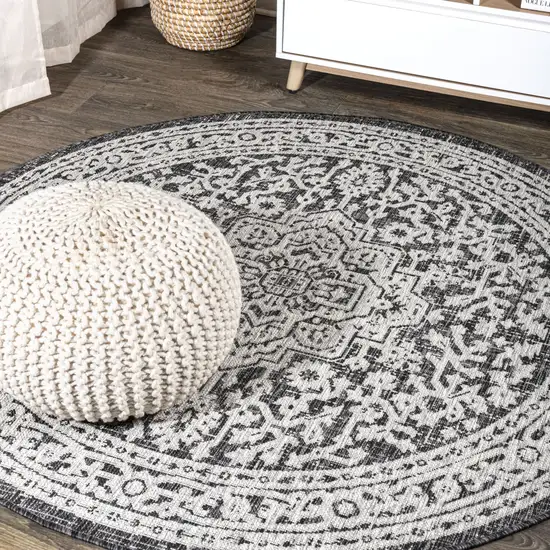 8' Gray And Black Round Medallion Indoor Outdoor Area Rug Photo 4