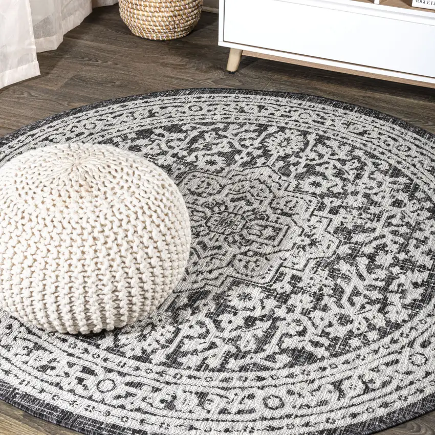 8' Gray And Black Round Medallion Indoor Outdoor Area Rug Photo 4