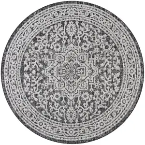 Photo of 8' Gray And Black Round Medallion Indoor Outdoor Area Rug