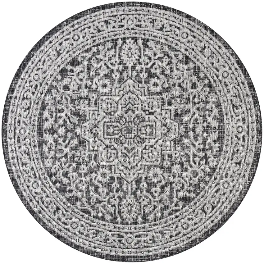 8' Gray And Black Round Medallion Indoor Outdoor Area Rug Photo 1