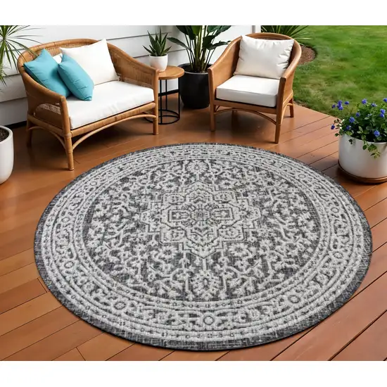 8' Gray And Black Round Medallion Indoor Outdoor Area Rug Photo 1