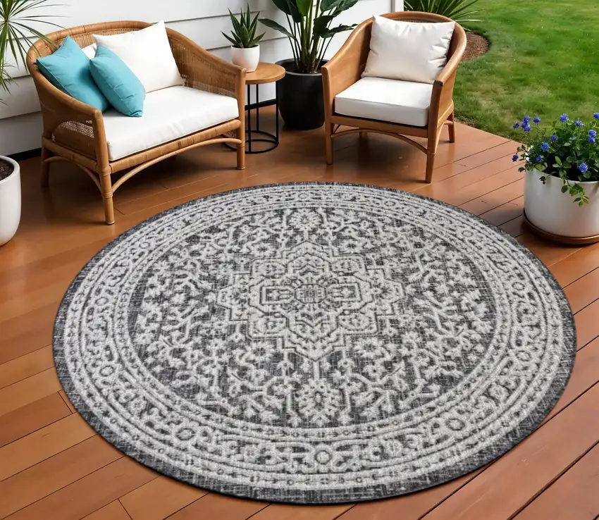 8' Gray And Black Round Medallion Indoor Outdoor Area Rug Photo 1