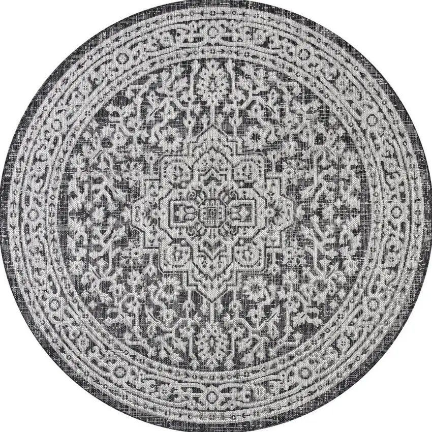 8' Gray And Black Round Medallion Indoor Outdoor Area Rug Photo 2