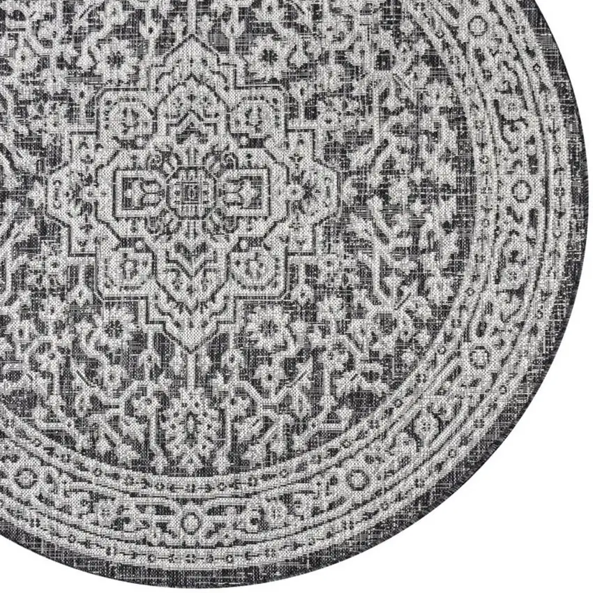 9' Gray And Black Round Medallion Indoor Outdoor Area Rug Photo 2