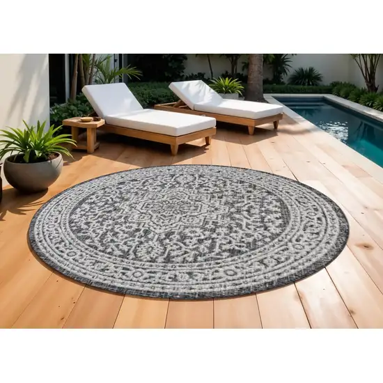 9' Gray And Black Round Medallion Indoor Outdoor Area Rug Photo 1