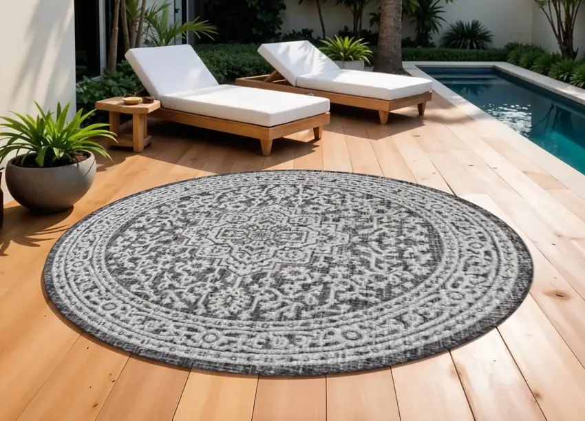 9' Gray And Black Round Medallion Indoor Outdoor Area Rug Photo 1