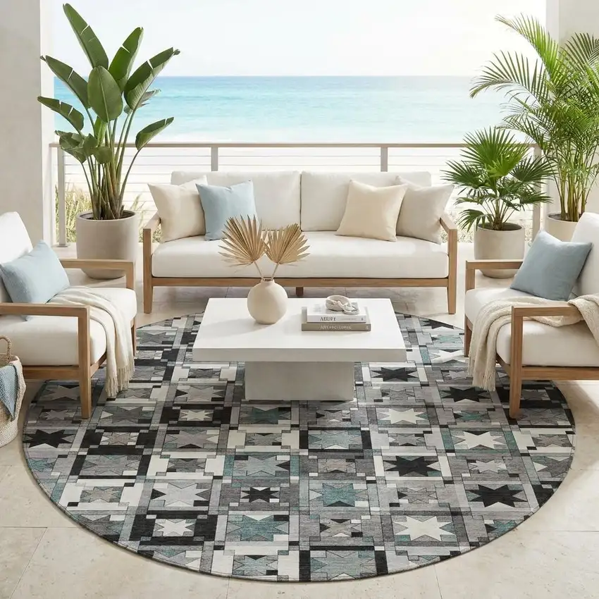 8' Gray And Black Round Patchwork Washable Indoor Outdoor Area Rug Photo 1