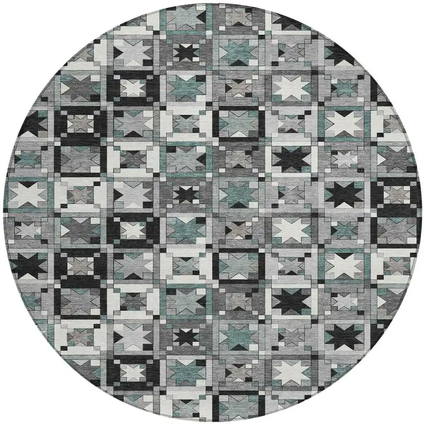 8' Gray And Black Round Patchwork Washable Indoor Outdoor Area Rug Photo 4