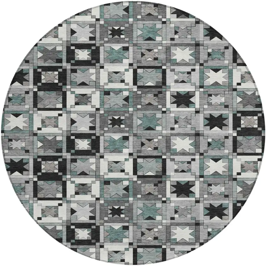 8' Gray And Black Round Patchwork Washable Indoor Outdoor Area Rug Photo 2