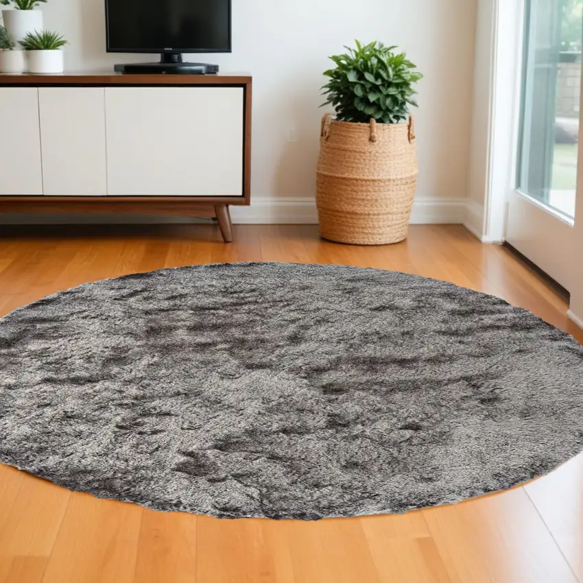8' Gray and Black Shag Hand Tufted Round Rug Photo 1