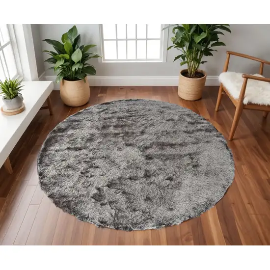 8' Gray and Black Shag Hand Tufted Round Rug Photo 1