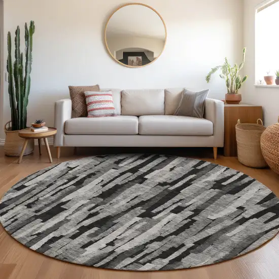 8' Gray And Black Round Striped Washable Indoor Outdoor Area Rug Photo 8
