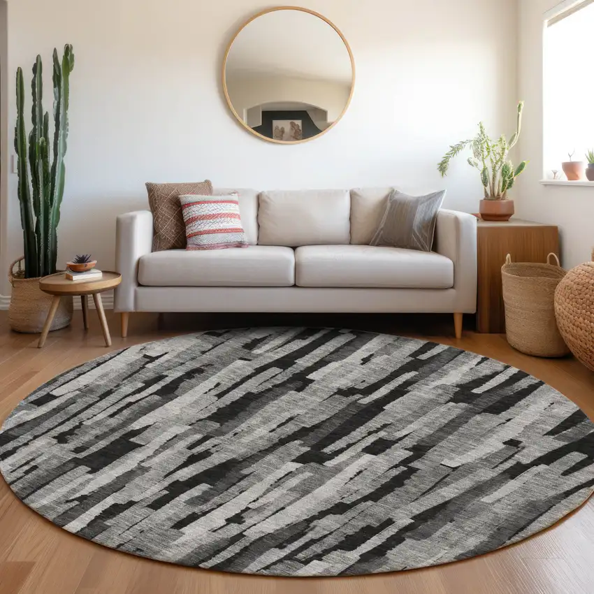 8' Gray And Black Round Striped Washable Indoor Outdoor Area Rug Photo 8
