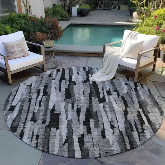 8' Gray And Black Round Striped Washable Indoor Outdoor Area Rug Photo 7