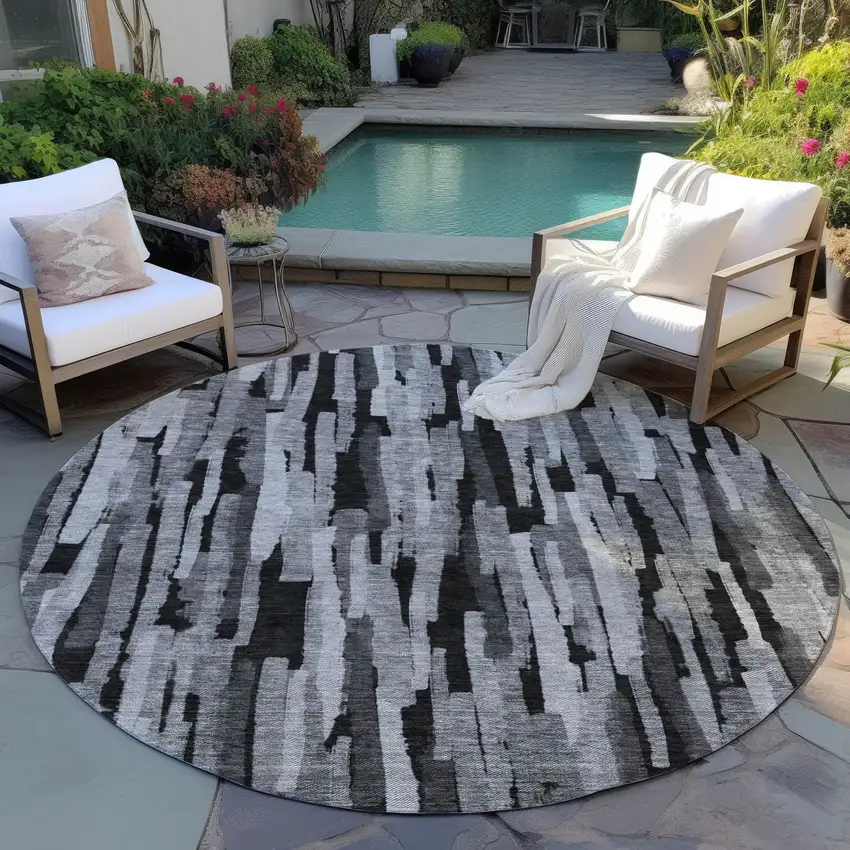 8' Gray And Black Round Striped Washable Indoor Outdoor Area Rug Photo 7