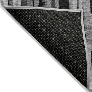 Photo of 8' Gray And Black Round Striped Washable Indoor Outdoor Area Rug