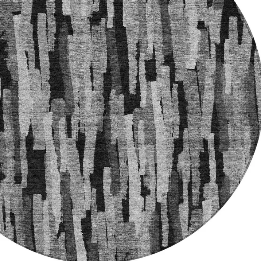 8' Gray And Black Round Striped Washable Indoor Outdoor Area Rug Photo 5