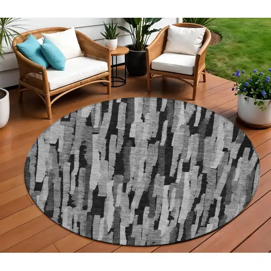 8' Gray And Black Round Striped Washable Indoor Outdoor Area Rug Photo 1