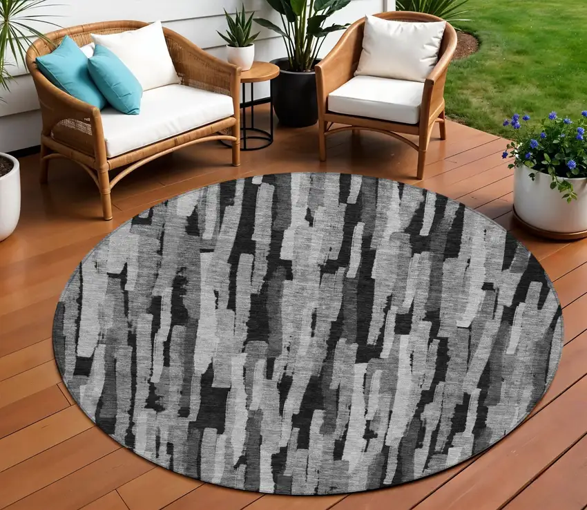 8' Gray And Black Round Striped Washable Indoor Outdoor Area Rug Photo 1