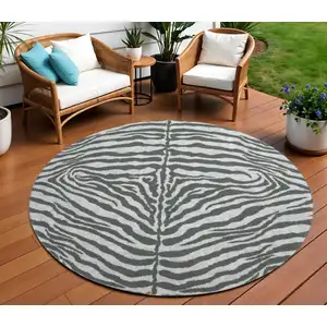Photo of 8' Gray And Black Round Zebra Print Washable Indoor Outdoor Area Rug