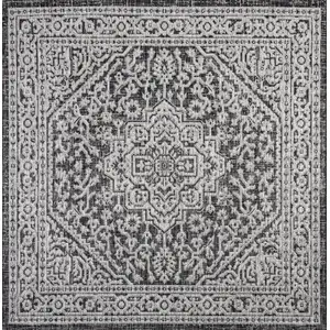 Photo of 4' Gray And Black Square Medallion Indoor Outdoor Area Rug