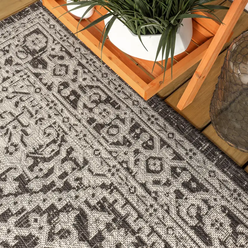 4' Gray And Black Square Medallion Indoor Outdoor Area Rug Photo 6