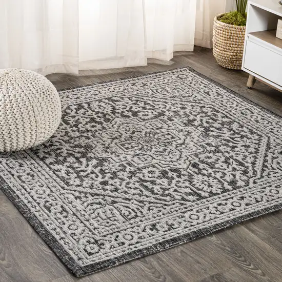 6' Gray And Black Square Medallion Indoor Outdoor Area Rug Photo 4