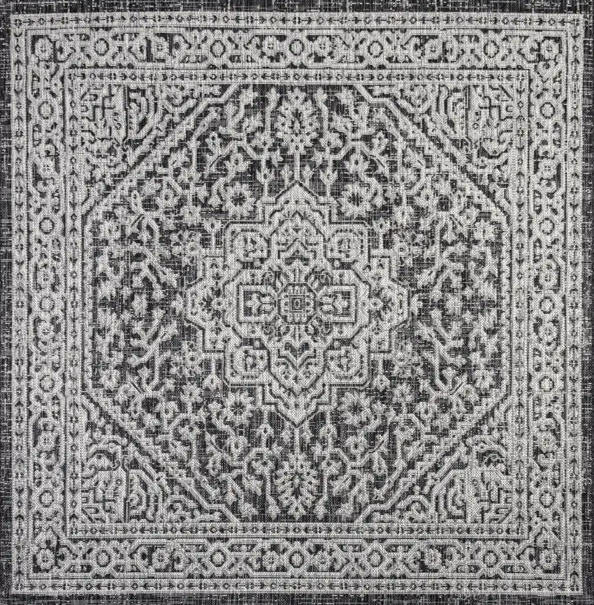 8' Gray And Black Square Medallion Indoor Outdoor Area Rug Photo 1