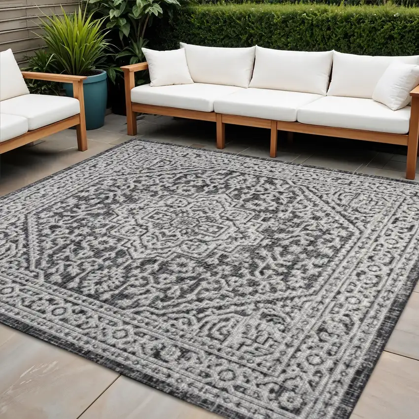 8' Gray And Black Square Medallion Indoor Outdoor Area Rug Photo 1