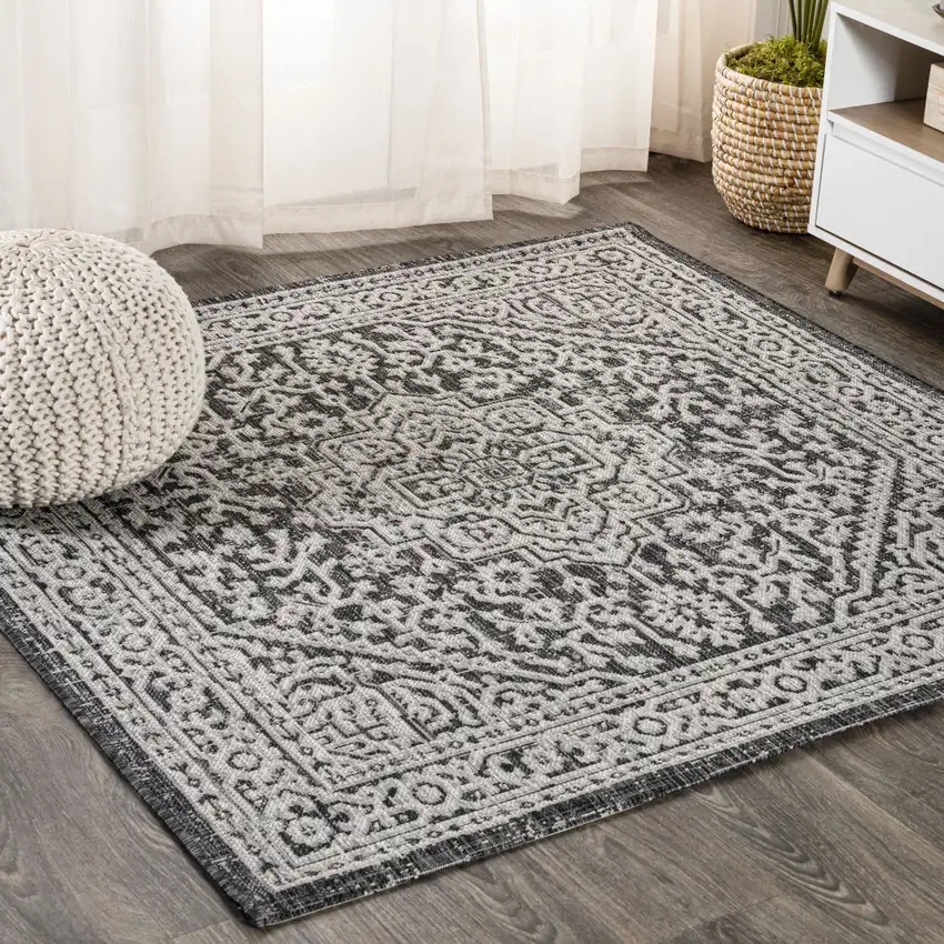 9' Gray And Black Square Medallion Indoor Outdoor Area Rug Photo 4