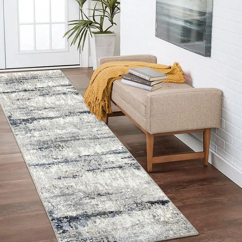 8' Gray And Blue Abstract Distressed Runner Rug Photo 4