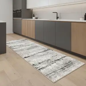 Photo of 8' Gray And Blue Abstract Distressed Runner Rug