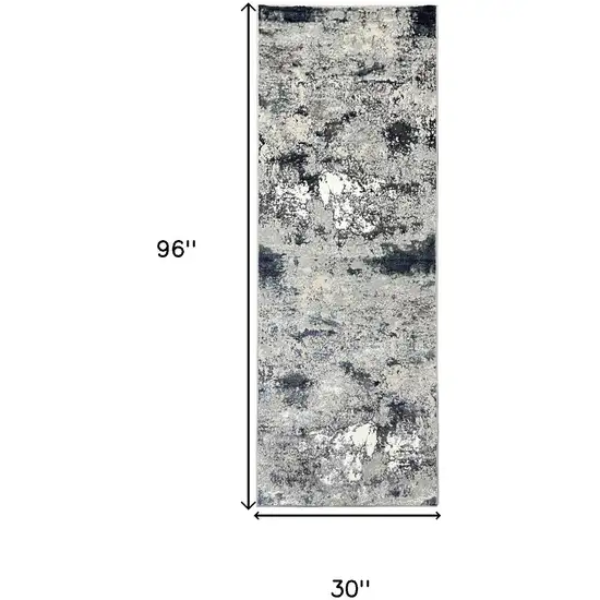 8' Gray And Blue Abstract Distressed Runner Rug Photo 3