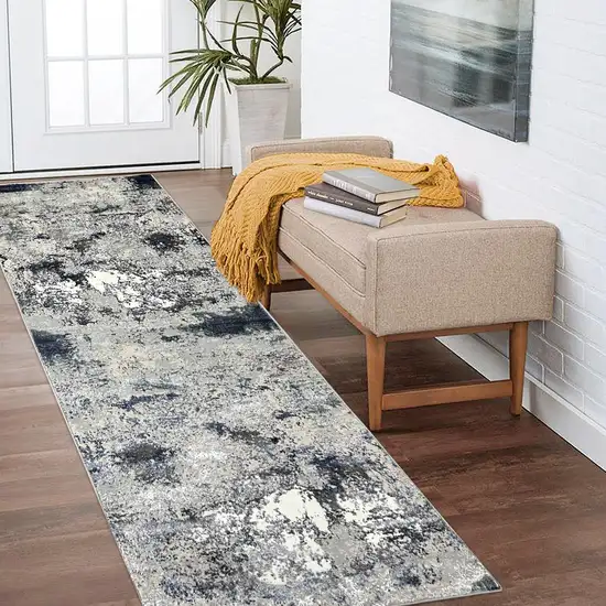 8' Gray And Blue Abstract Distressed Runner Rug Photo 4