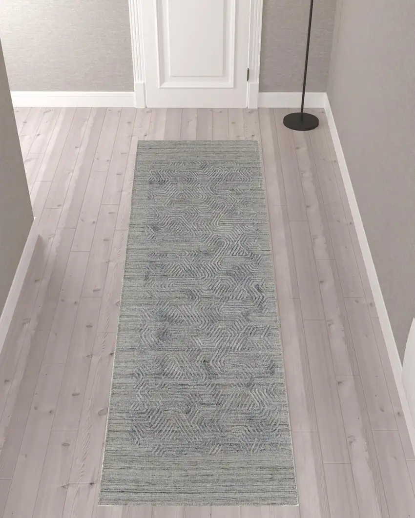 10' Gray And Blue Abstract Hand Woven Runner Rug Photo 2