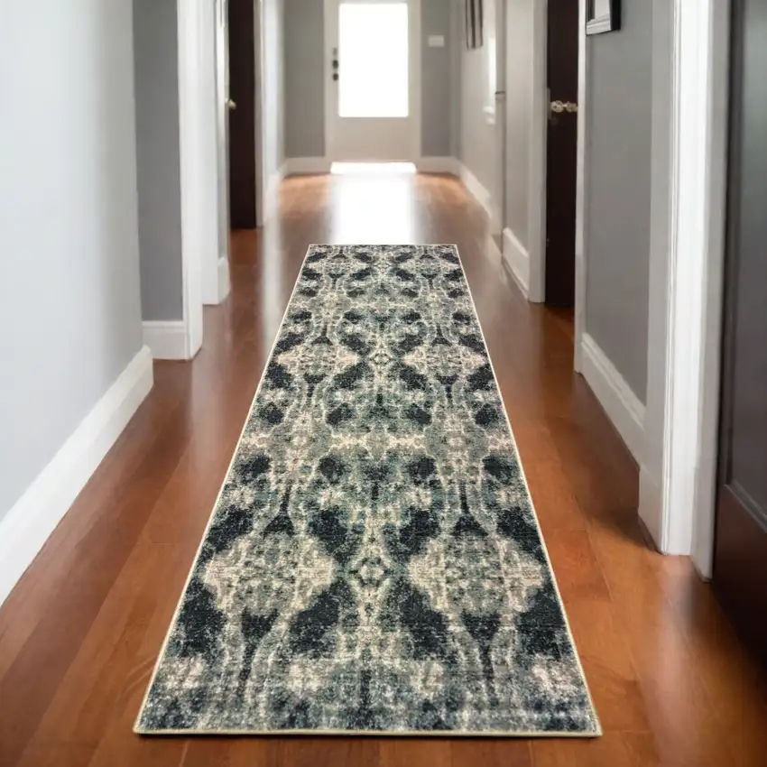 8' Gray And Blue Abstract Runner Rug Photo 1