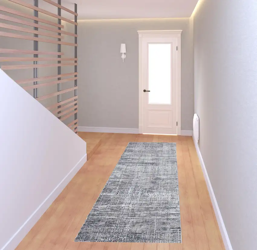 8' Gray And Blue Abstract Stain Resistant Runner Rug Photo 2