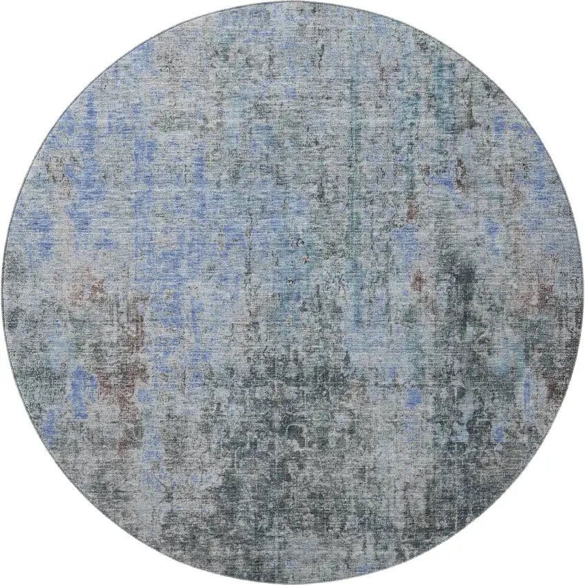 8' Gray And Blue Abstract Washable Round Rug With UV Protection Photo 3
